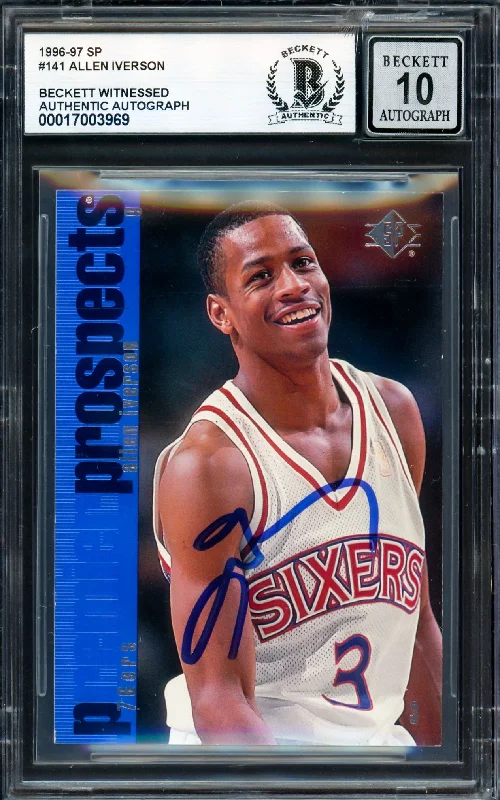 Basketball cards rookie-hype-rarity -Allen Iverson Autographed 1996-97 Upper Deck SP Rookie Card #141 Philadelphia 76ers Auto Grade Gem Mint 10 Beckett BAS Witness #17003969