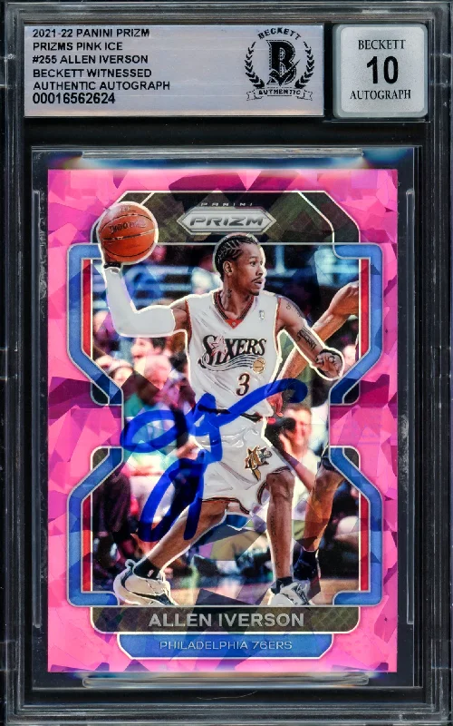 Basketball cards high-demand-rare -Allen Iverson Autographed 2021-22 Panini Prizm Prizms Pink Ice Card #255 Philadelphia 76ers Auto Grade Gem Mint 10 Beckett BAS Witnessed #16562624