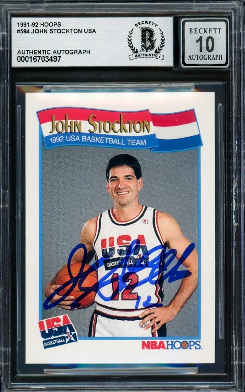 Basketball cards local-rarity -John Stockton Autographed 1991-92 Hoops Card #584 USA Dream Team Auto Grade Gem Mint 10 Beckett BAS #16703497