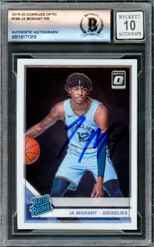 Basketball cards championship-tribute -Ja Morant Autographed 2019-20 Donruss Optic Rated Rookies Rookie Card #168 Memphis Grizzlies Auto Grade Gem Mint 10 Beckett BAS Stock #220779