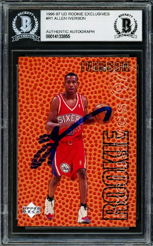 Basketball cards online-rare -Allen Iverson Autographed 1996-97 Upper Deck Exclusives Rookie Card #R1 Philadelphia 76ers Beckett BAS Stock #220170