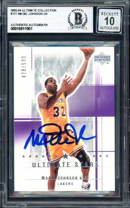 Basketball cards throwback-rarity -Magic Johnson Autographed 2003-04 Ultimate Collection Card #177 Los Angeles Lakers Auto Grade Gem Mint 10 #428/500 Beckett BAS #16911001