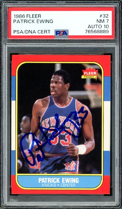 Basketball cards youth-favorite-rare -Patrick Ewing Autographed 1986-87 Fleer Rookie Card #32 New York Knicks PSA 7 Auto Grade Gem Mint 10 PSA/DNA #76568889