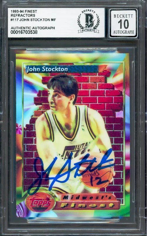 Basketball cards cold-rare -John Stockton Autographed 1993-94 Topps Finest Refractor Card #117 Utah Jazz Auto Grade Gem Mint 10 Beckett BAS #16703538