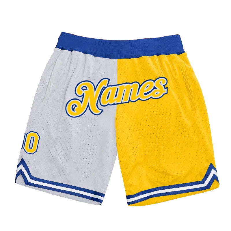 Men's basketball shorts custom outfit -Custom White Gold-Royal Authentic Throwback Split Fashion Basketball Shorts