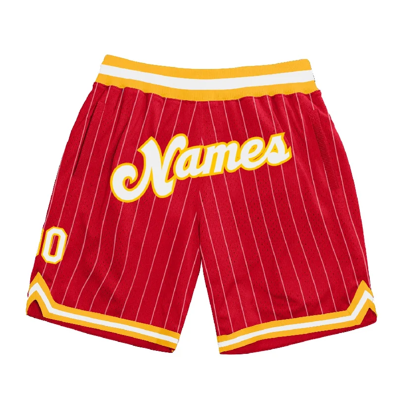 Men's basketball shorts custom ensemble -Custom Red White Pinstripe White-Gold Authentic Basketball Shorts