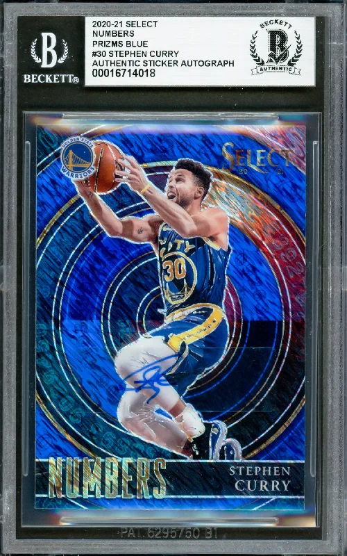 Basketball cards player-relic -Stephen Curry Autographed 2020-21 Select Numbers Blue Shimmer Prizm Card #30 Golden State Warriors Beckett BAS #16714018