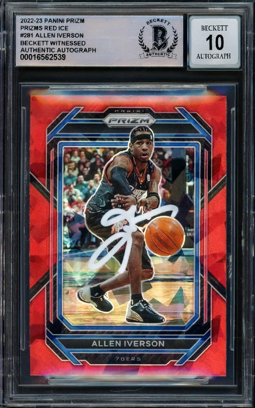 Basketball cards starter-rarity -Allen Iverson Autographed 2022-23 Panini Prizm Prizms Red Ice Card #281 Philadelphia 76ers Auto Grade Gem Mint 10 Beckett BAS Witnessed #16562539