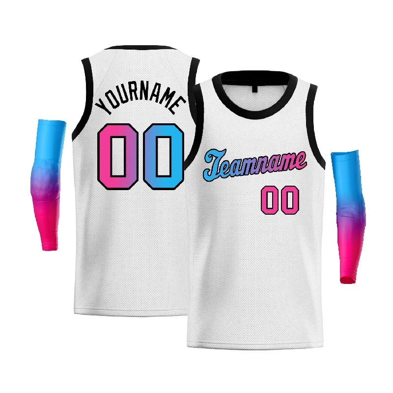 Basketball jerseys pro-retro -Custom White Blue Pink-Black Gradient Fashion Tops Basketball Jersey