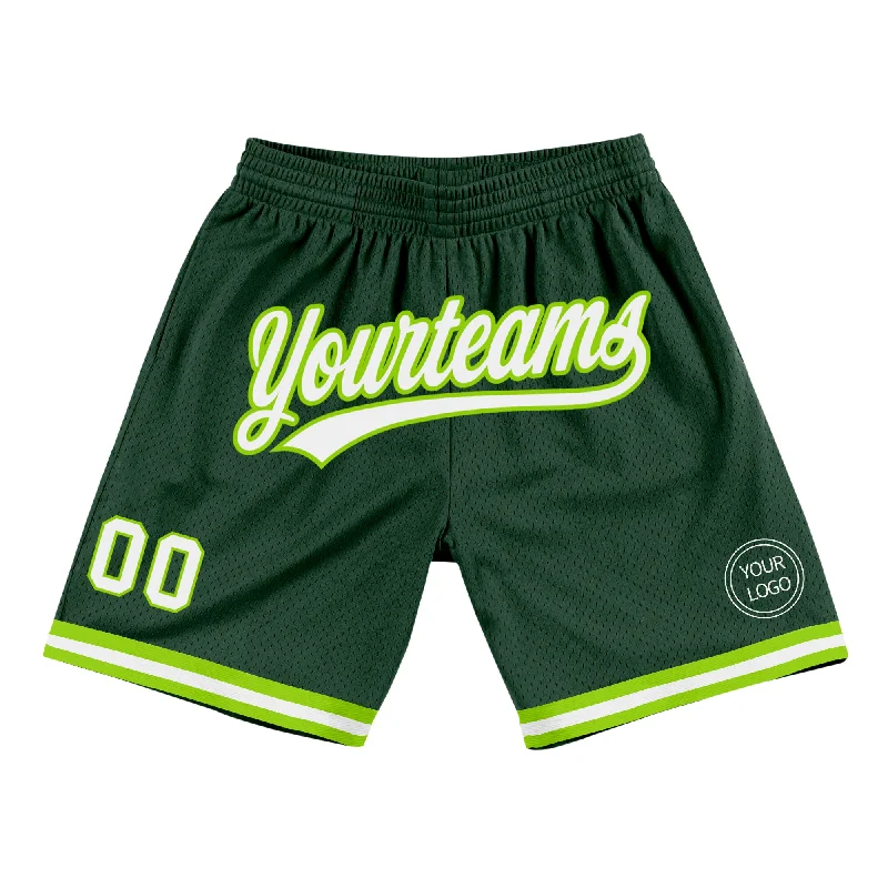 Men's basketball shorts performance collection -Custom Hunter Green White-Neon Green Authentic Throwback Basketball Shorts