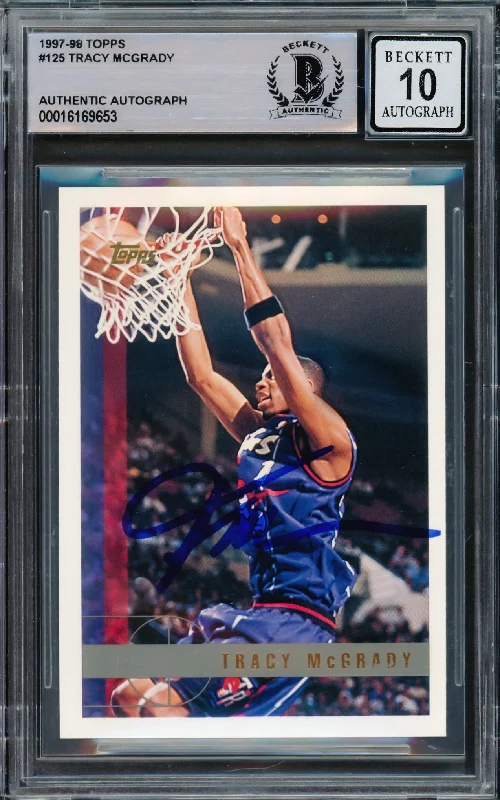 Basketball cards legend-rare -Tracy McGrady Autographed 1997-98 Topps Rookie Card #125 Toronto Raptors Auto Grade Gem Mint 10 Beckett BAS Stock #220737