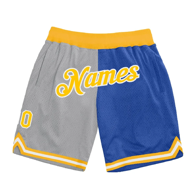 Men's basketball shorts sport apparel -Custom Gray Gold-Blue Authentic Throwback Split Fashion Basketball Shorts