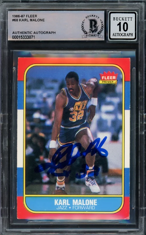 Basketball cards seasonal-rarity -Karl Malone Autographed 1986 Fleer Rookie Card #68 Utah Jazz Auto Grade Gem Mint 10 Beckett BAS #15333071