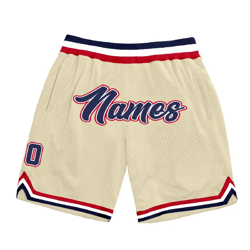 Men's basketball shorts quality deal -Custom Cream Navy-Red Authentic Throwback Basketball Shorts