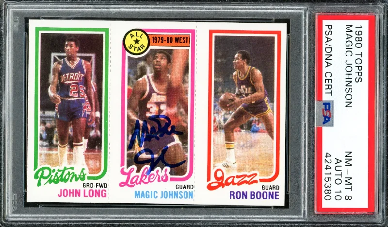 Basketball cards hall-of-fame-rarity -Magic Johnson Autographed 1980 Topps Rookie Card #18 Los Angeles Lakers PSA 8 Auto Grade Gem Mint 10 PSA/DNA #42415380