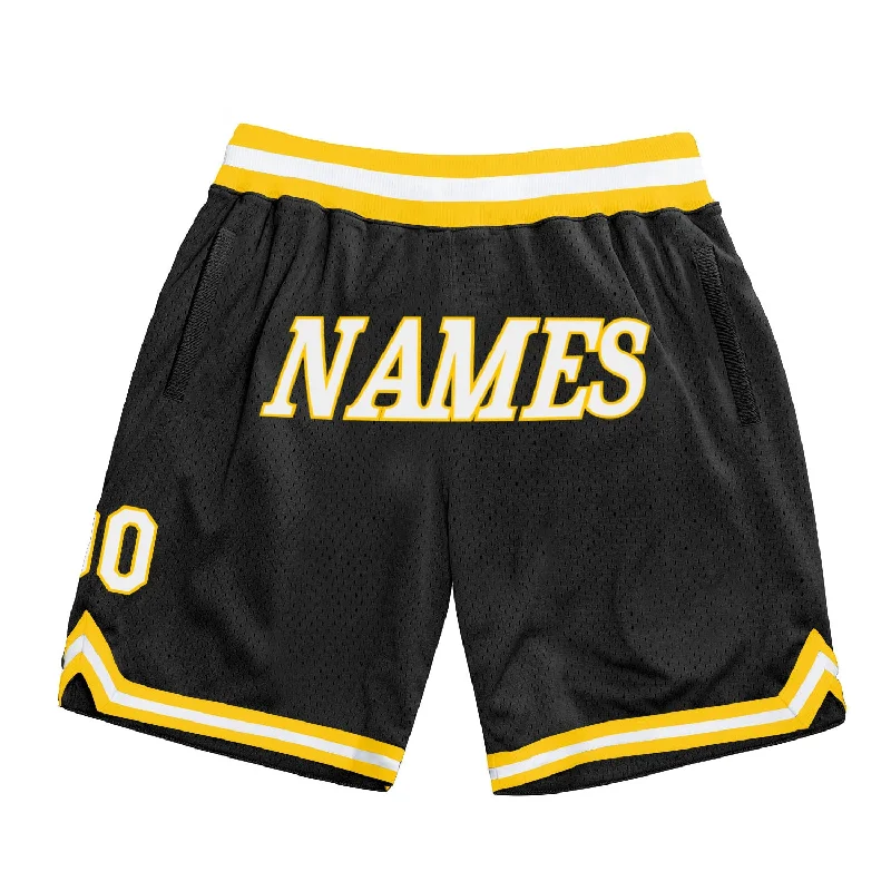 Men's basketball shorts lightweight kit -Custom Black White-Gold Authentic Throwback Basketball Shorts