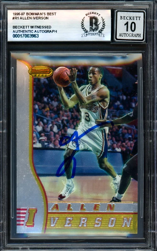 Basketball cards innovation-rare -Allen Iverson Autographed 1996-97 Bowman's Best Rookie Card #R1 Philadelphia 76ers Auto Grade Gem Mint 10 Beckett BAS Witness #17003963