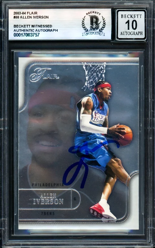 Basketball cards iconic-rarity -Allen Iverson Autographed 2003-04 Flair Card #88 Philadelphia 76ers Auto Grade Gem Mint 10 Beckett BAS Witness #17003757