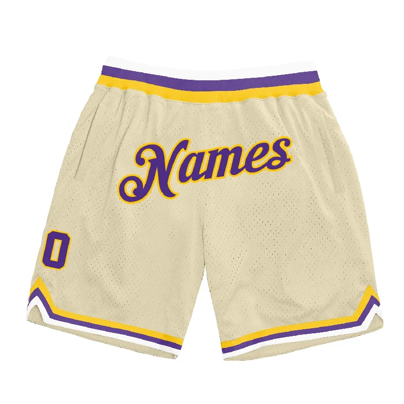 Men's basketball shorts practice must-have -Custom Cream Purple-Gold Authentic Throwback Basketball Shorts