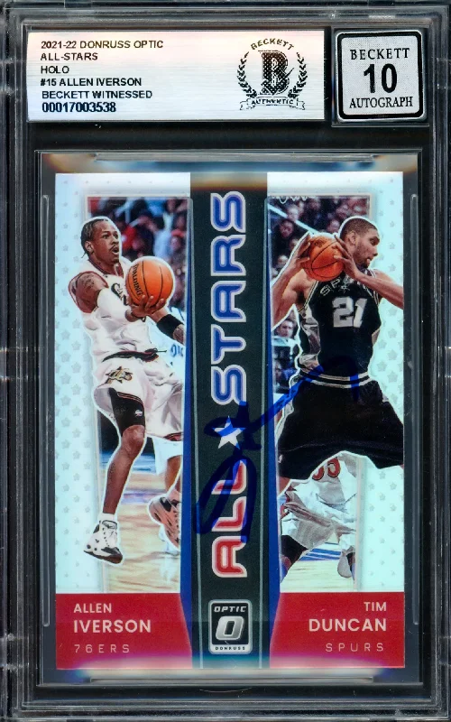 Basketball cards signature-moment-rarity -Allen Iverson Autographed 2021-22 Donruss Optic All-Stars Holo Card #15 Philadelphia 76ers Auto Grade Gem Mint 10 Beckett BAS Witness #17003538