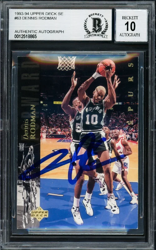 Basketball cards embossed-rarity -Dennis Rodman Autographed 1993-94 Upper Deck Card #63 San Antonio Spurs Auto Grade Gem Mint 10 Beckett BAS Stock #220313