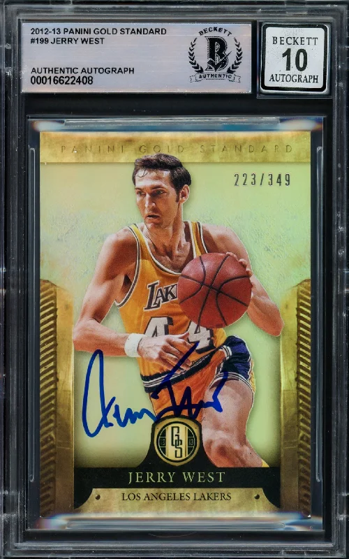 Basketball cards youth-favorite-rare -Jerry West Autographed 2012-13 Panini Gold Standard Card #199 Card Los Angeles Lakers Auto Grade Gem Mint 10 #/349 Beckett BAS