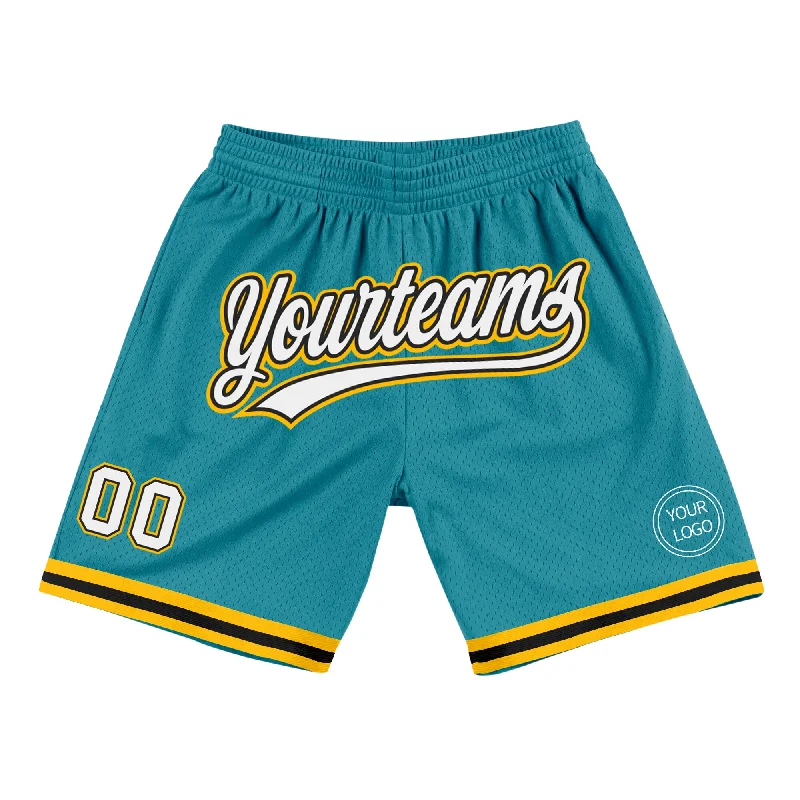 Men's basketball shorts pro league pair -Custom Teal White Black-Gold Authentic Throwback Basketball Shorts