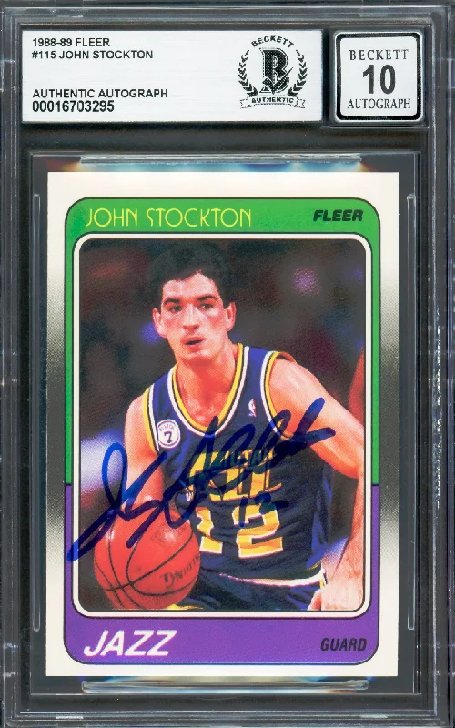 Basketball cards obscure-rarity -John Stockton Autographed 1988-89 Fleer Rookie Card #115 Utah Jazz Auto Grade Gem Mint 10 Beckett BAS #16703295