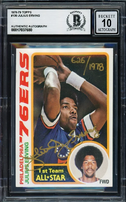 Basketball cards milestone-rarity -Julius Dr. J Erving Autographed 1978-79 Topps Card #130 Philadelphia 76ers Auto Grade Gem Mint 10 #626/1978 Beckett BAS #17037680