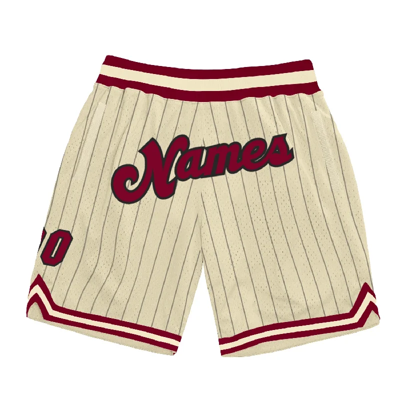 Men's basketball shorts player ensemble -Custom Cream Black Pinstripe Maroon-Black Authentic Basketball Shorts