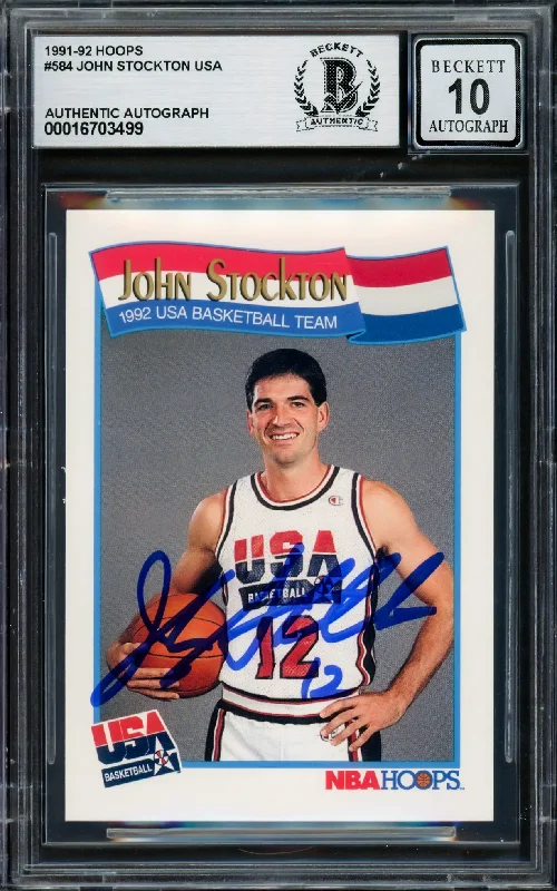 Basketball cards adult-classic -John Stockton Autographed 1991-92 Hoops Card #584 USA Dream Team Auto Grade Gem Mint 10 Beckett BAS #16703499