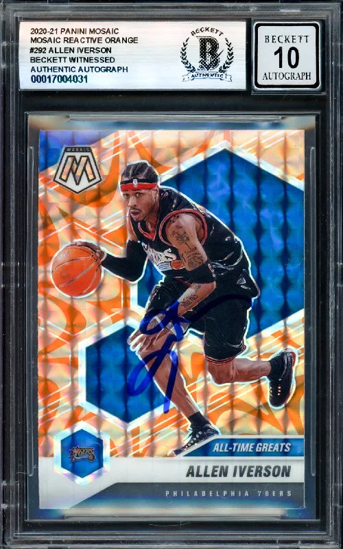 Basketball cards veteran-rare -Allen Iverson Autographed 2020-21 Panini Mosaic Reactive Orange Card #292 Philadelphia 76ers Auto Grade Gem Mint 10 Beckett BAS Witness #17004031