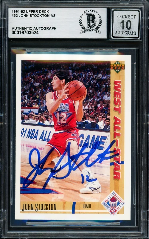 Basketball cards media-rarity -John Stockton Autographed 1991-92 Upper Deck Card #52 Utah Jazz Auto Grade Gem Mint 10 Beckett BAS #16703524