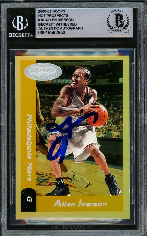 Basketball cards iconic-rarity -Allen Iverson Autographed 2000-01 Hoops Hot Prospects Card #18 Philadelphia 76ers Beckett BAS Witnessed #16562853