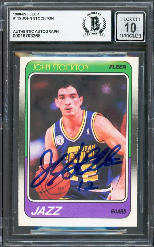 Basketball cards vintage-treasure -John Stockton Autographed 1988-89 Fleer Rookie Card #115 Utah Jazz Auto Grade Gem Mint 10 Beckett BAS #16703268