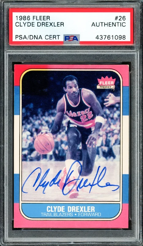 Basketball cards graded-high -Clyde Drexler Autographed 1986 Fleer Rookie Card #26 Portland Trail Blazers PSA/DNA #43761098