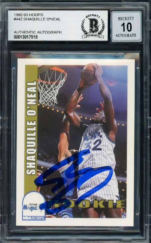 Basketball cards color-rarity -Shaquille Shaq O'Neal Autographed 1992-93 Hopps Rookie Card #442 Orlando Magic Auto Grade Gem Mint 10 Beckett BAS Stock #220146