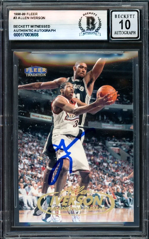 Basketball cards tribute-rarity -Allen Iverson Autographed 1998-99 Fleer Card #3 Philadelphia 76ers Auto Grade Gem Mint 10 Beckett BAS Witness #17003608