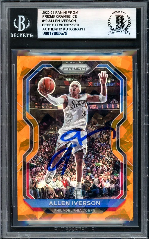 Basketball cards high-demand-rare -Allen Iverson Autographed 2020-21 Panini Prizm Prizms Orange Ice Card #19 Philadelphia 76ers Beckett BAS Witness #17005678