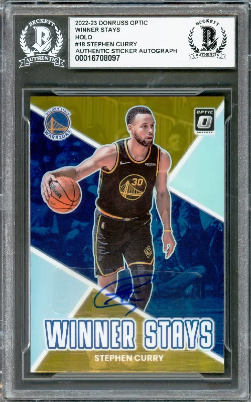 Basketball cards bonus-rarity -Stephen Curry Autographed 2022-23 Donruss Optic Winner Stays Prizm Card #18 Golden State Warriors Beckett BAS #16708097