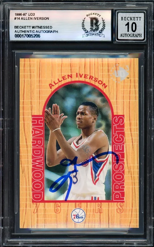 Basketball cards corrected-classic -Allen Iverson Autographed 1996-97 UD3 Rookie Card #14 Card Philadelphia 76ers Auto Grade Gem Mint 10 Beckett BAS Witness