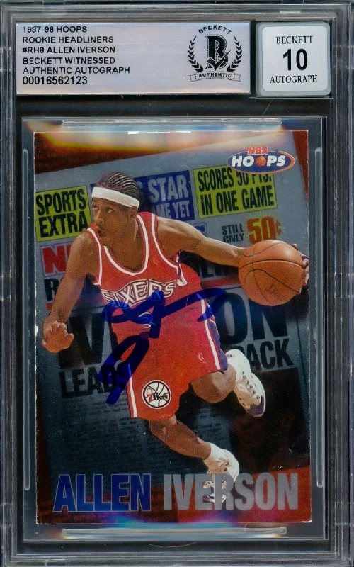 Basketball cards binder-rare -Allen Iverson Autographed 1997-98 Hoops Rookie Headliners Card #RH8 Philadelphia 76ers Auto Grade Gem Mint 10 Beckett BAS Witnessed #16562123