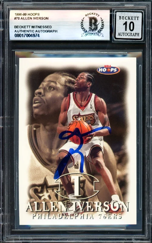 Basketball cards career-rare -Allen Iverson Autographed 1998-99 Hoops Card #70 Philadelphia 76ers Auto Grade Gem Mint 10 Beckett BAS Witness #17004974