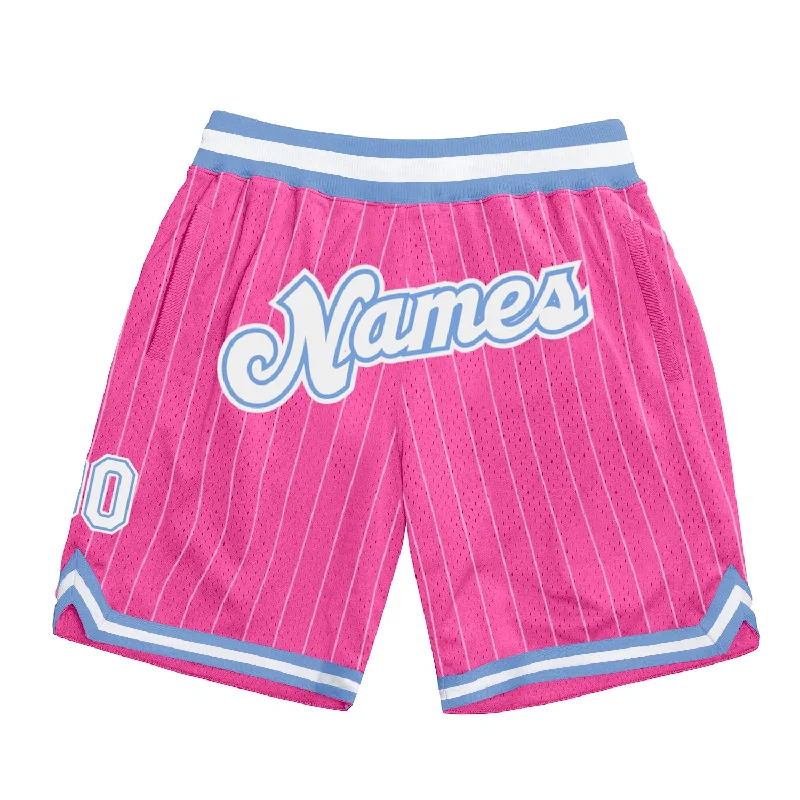 Men's basketball shorts stylish offer -Custom Pink White Pinstripe White-Light Blue Authentic Basketball Shorts