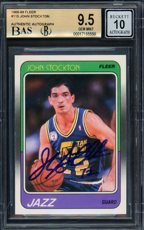 Basketball cards modern-reprint -John Stockton Autographed 1988-89 Fleer Rookie Card #115 Utah Jazz BGS 9.5 Auto Grade Gem Mint 10 Beckett BAS #17155558