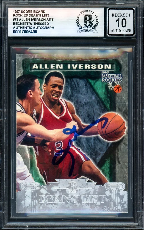 Basketball cards charity-rare -Allen Iverson Autographed 1997 Score Board Rookies Dean's List Rookie Card #73 Philadelphia 76ers Auto Grade Gem Mint 10 Beckett BAS Witness #17005406