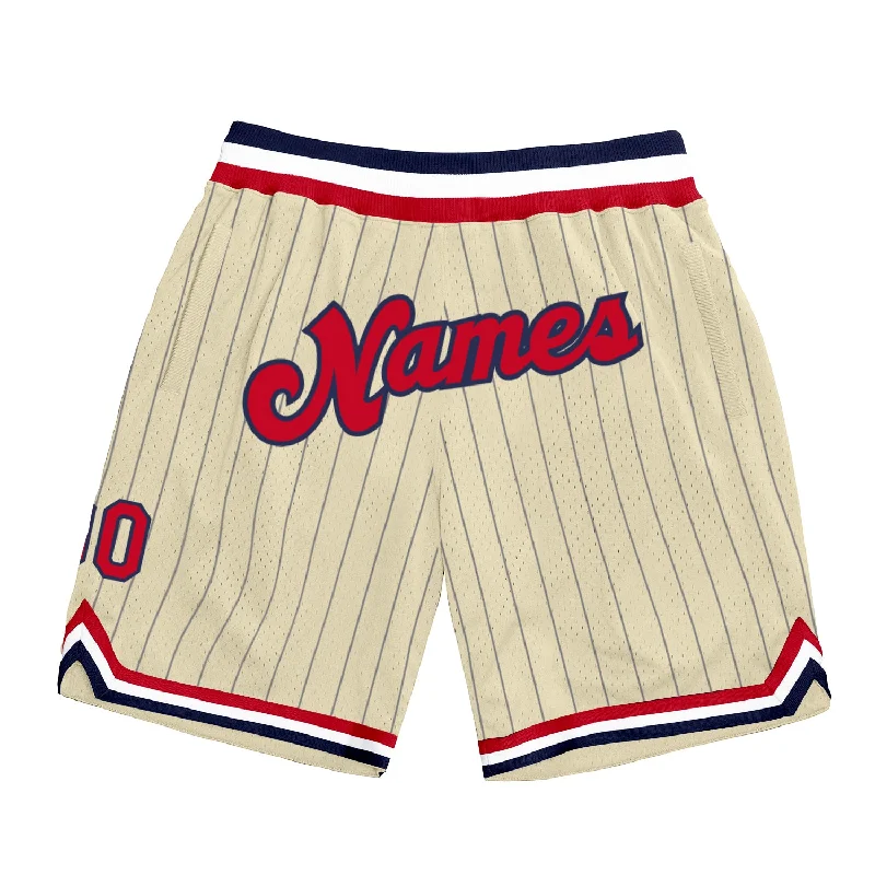 Men's basketball shorts loud designs -Custom Cream Navy Pinstripe Red-Navy Authentic Basketball Shorts