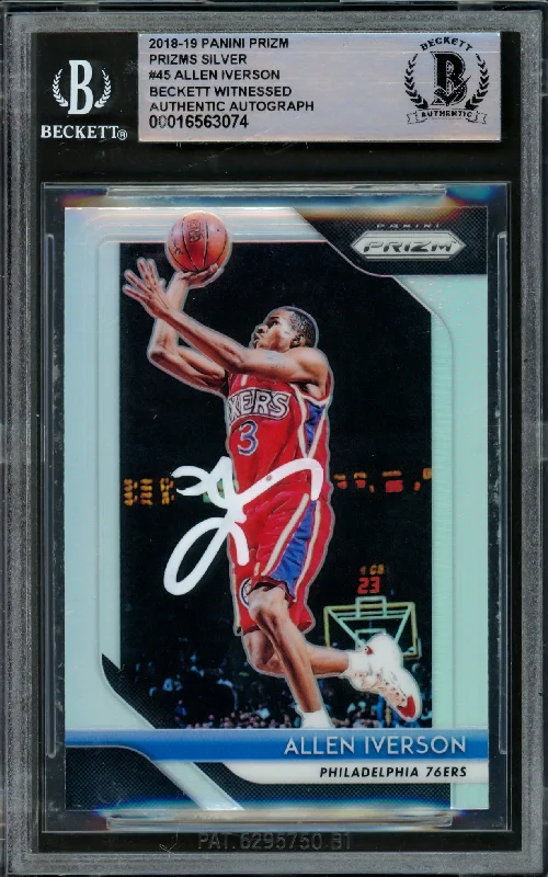 Basketball cards award-nominee-rarity -Allen Iverson Autographed 2018-19 Panini Prizm Prizms Silver Card #45 Philadelphia 76ers Beckett BAS Witnessed #16563074