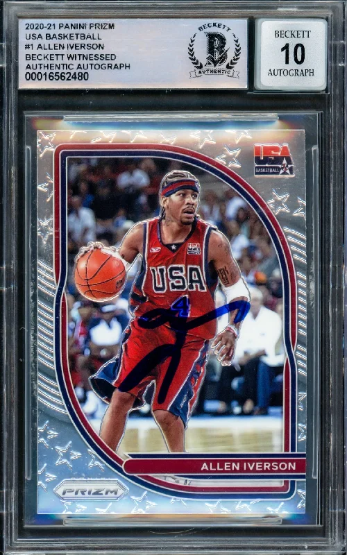 Basketball cards rising-star-rarity -Allen Iverson Autographed 2020-21 Panini Prizm USA Card #1 Philadelphia 76ers Auto Grade Gem Mint 10 Beckett BAS Witnessed #16562480