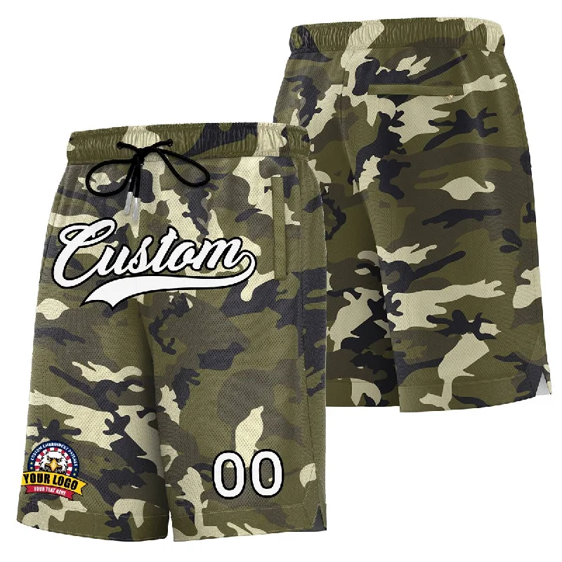 Men's basketball shorts quick-dry tech -Custom Green White Black Camo Basketball Shorts